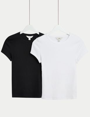 M&S Womens 2pk Cotton Rich Slim Ribbed T-Shirts - 8 - Black/White, Black/White