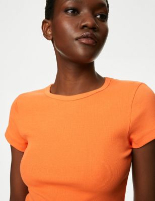 M&S Womens Cotton Rich Ribbed Slim Fit T-Shirt - 6 - Orange, Orange,Toffee,Pink,Black,Grey Marl,Whit