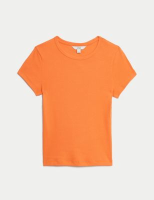M&S Womens Cotton Rich Ribbed Slim Fit T-Shirt - 6 - Orange, Orange,Toffee,Pink,Black,Grey Marl,Whit
