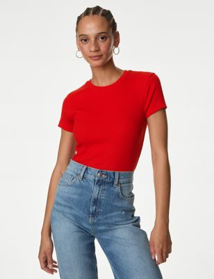 M&S Women's Cotton Rich Ribbed Slim Fit T-Shirt - 6 - Poppy, Poppy,Orange,Toffee,Pink,Black,Grey Mar