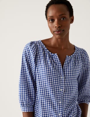 

Womens M&S Collection Pure Cotton Checked V-Neck Blouse - Blue Mix, Blue Mix