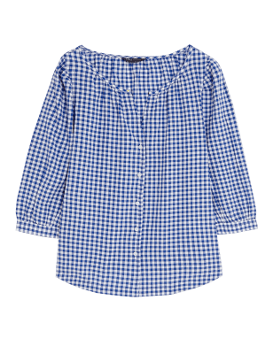 

Womens M&S Collection Pure Cotton Checked V-Neck Blouse - Blue Mix, Blue Mix