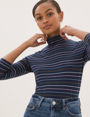 

Womens M&S Collection Cotton Rich Striped Funnel Neck Top - Navy Mix, Navy Mix