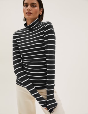 

Womens M&S Collection Gestreiftes Oberteil mit hohem Baumwollanteil und Stehkragen - Black Mix, Black Mix