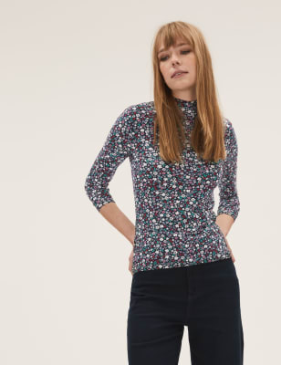 

Womens M&S Collection Cotton Rich Printed Funnel Neck Top - Red Mix, Red Mix