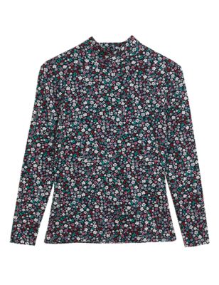 M&S Womens Cotton Rich Printed Funnel Neck Top