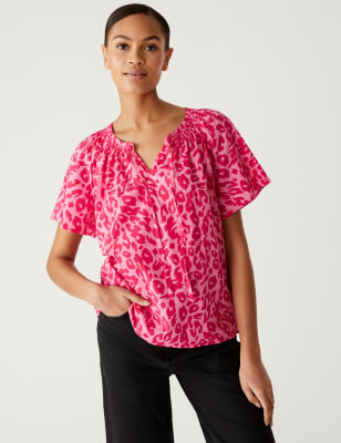 

Womens M&S Collection Pure Cotton Printed Tie Neck Blouse - Pink Mix, Pink Mix