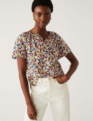 

M&S Collection Blusa con lazo en el cuello 100% algodón estampadaWomens - Black Mix, Black Mix