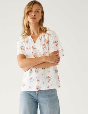 Pure Cotton Printed Tie Neck Blouse | M&S US