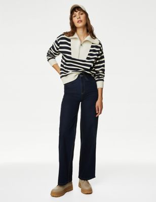 M&S Womens Cotton Rich Striped Half Zip Sweatshirt - XS - Navy Mix, Navy Mix