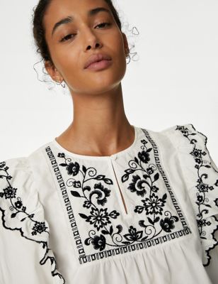 Pure Cotton Embroidered Frill Detail Blouse