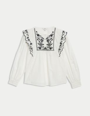 Pure Cotton Embroidered Frill Detail Blouse