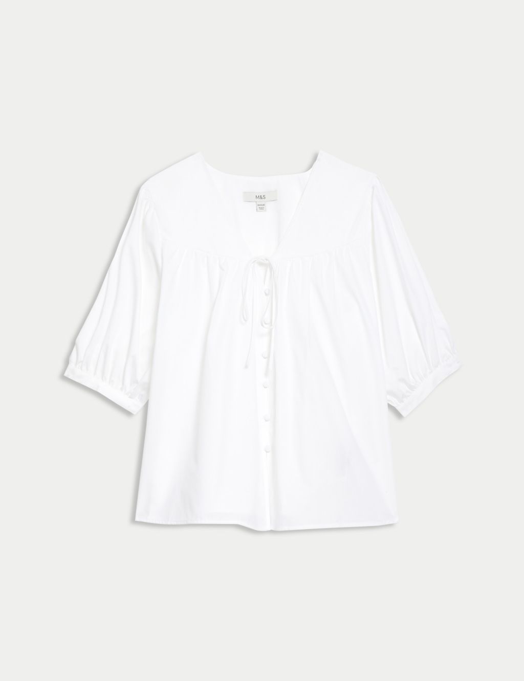 Pure Cotton V-Neck Puff Sleeve Blouse