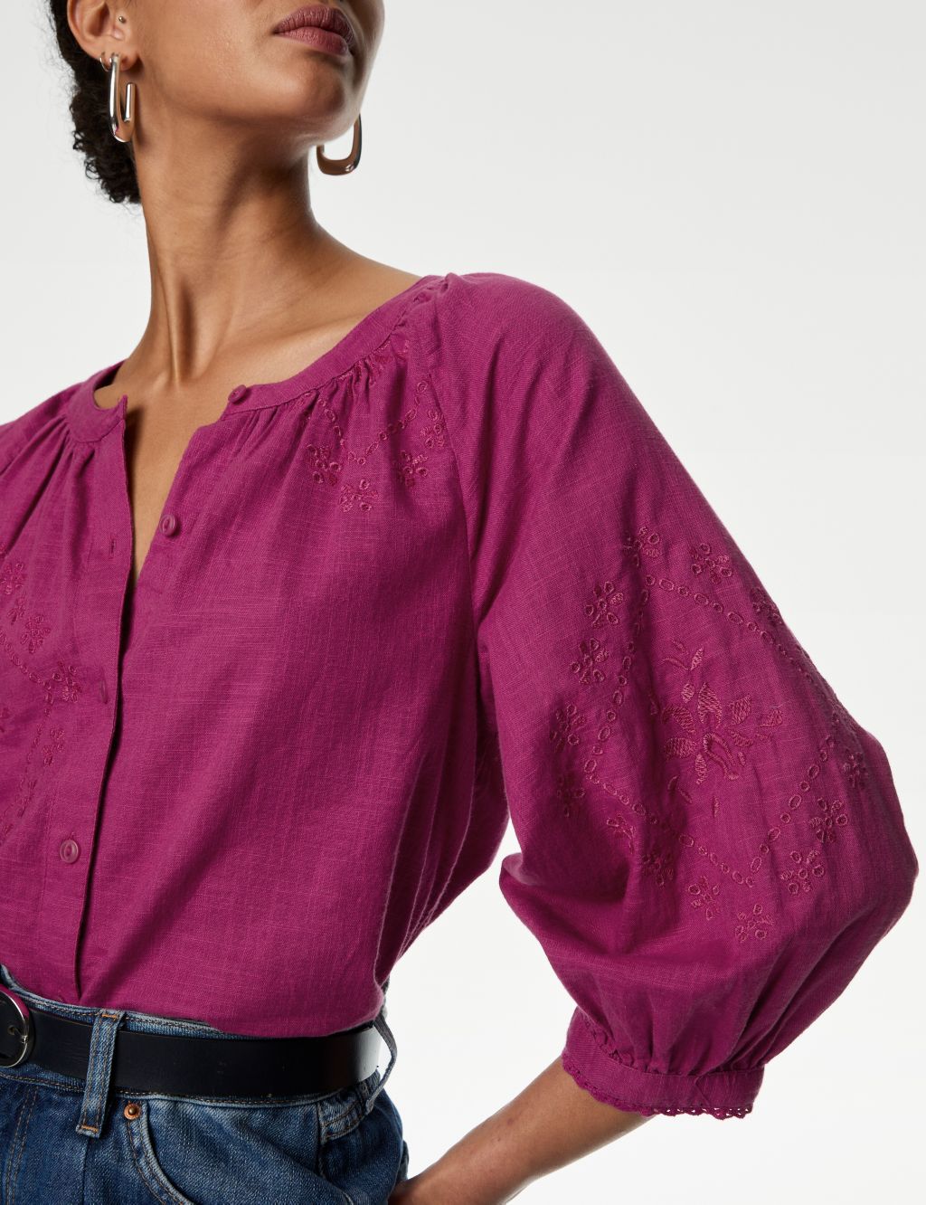 Pure Cotton Embroidered Blouson Sleeve Blouse
