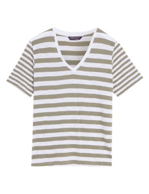 

Womens M&S Collection Pure Cotton Striped Straight Fit T-Shirt - Khaki Mix, Khaki Mix