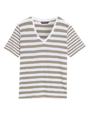 

Womens M&S Collection Pure Cotton Striped Straight Fit T-Shirt - Khaki Mix, Khaki Mix