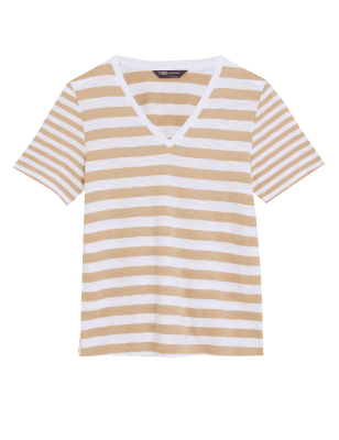 

Womens M&S Collection Gestreiftes T-Shirt aus reiner Baumwolle in gerader Passform - Light Tan Mix, Light Tan Mix