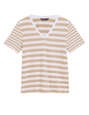 

Womens M&S Collection Pure Cotton Striped Straight Fit T-Shirt - Light Tan Mix, Light Tan Mix