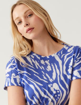 

Womens M&S Collection Linen Rich Printed T-Shirt - Bright Blue Mix, Bright Blue Mix