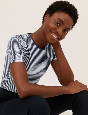 

Womens M&S Collection Gestreiftes T-Shirt mit hohem Baumwollanteil in eng anliegender Passform - Navy Mix, Navy Mix
