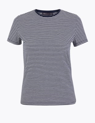 

Womens M&S Collection Gestreiftes T-Shirt mit hohem Baumwollanteil in eng anliegender Passform - Navy Mix, Navy Mix