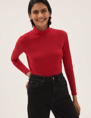 

Womens M&S Collection Cotton Rich Funnel Neck Fitted Top - Red, Red