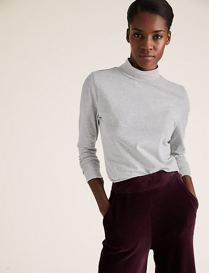 Cotton Funnel Neck Fitted Long Sleeve Top