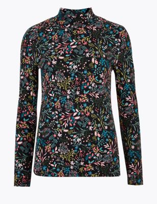 Cotton Floral Funnel Neck Fitted Top 