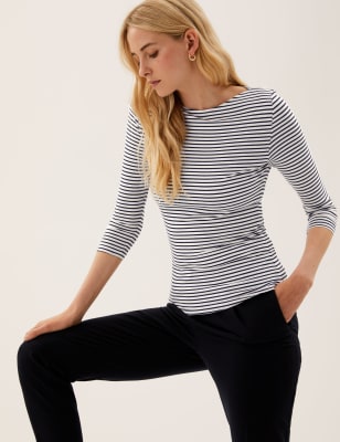 

Womens M&S Collection Cotton Rich Striped Slim Fit 3/4 Sleeve Top - Navy Mix, Navy Mix