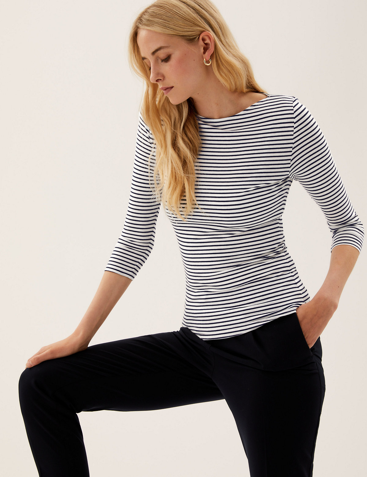 Cotton Rich Striped Fitted 3/4 Sleeve Top
