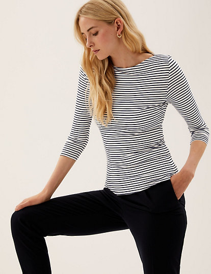 Cotton Rich Striped Slim Fit 3/4 Sleeve Top