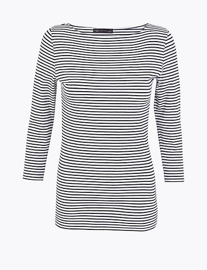 Cotton Rich Striped Slim Fit 3/4 Sleeve Top