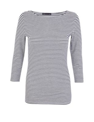 M&S Womens Cotton Rich Striped Fitted 3/4 Sleeve Top