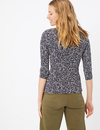 Cotton Floral Fitted 3/4 Sleeve Top