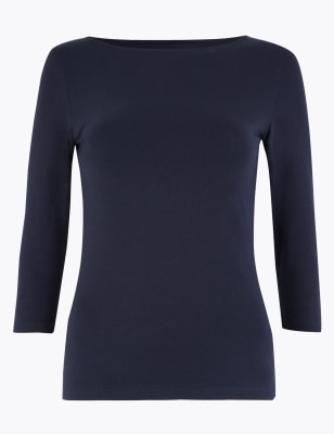 

Womens M&S Collection Schmal geschnittenes 3/4-Arm-Oberteil mit hohem Baumwollanteil - Navy, Navy