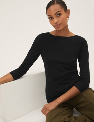 Womens M&S Collection Cotton Rich Fitted 3/4 Sleeve Top - Black, Black