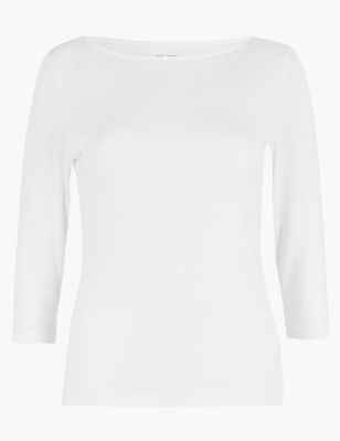 

Womens M&S Collection Cotton Rich Fitted 3/4 Sleeve Top - White, White