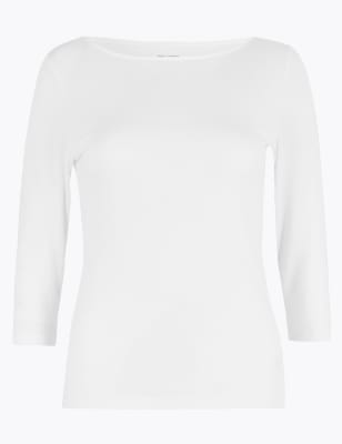 

Womens M&S Collection Cotton Rich Fitted 3/4 Sleeve Top - White, White