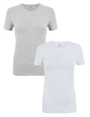 

Womens M&S Collection 2 Pack Cotton Rich Fitted T-Shirts - Grey/White, Grey/White