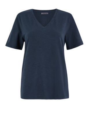 M&S Womens Pure Cotton V-Neck Straight Fit T-Shirt