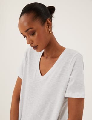 

Womens M&S Collection Pure Cotton V-Neck Straight Fit T-Shirt - White, White