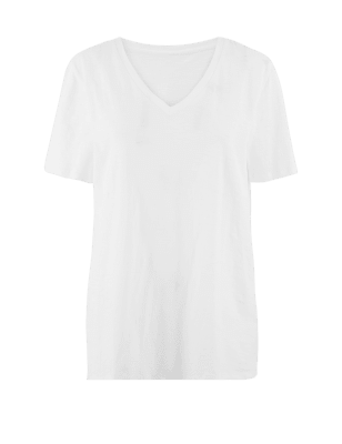 

Womens M&S Collection Gerade geschnittenes T-Shirt aus reiner Baumwolle mit V-Ausschnitt - White, White