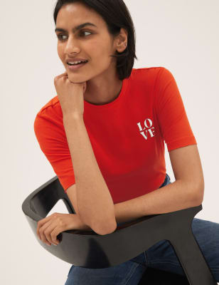 

Womens M&S Collection Pure Cotton Slogan T-Shirt - Red Mix, Red Mix