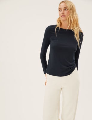 

Womens M&S Collection Bequemes Langarmoberteil mit Rundhalsausschnitt - Dark Navy, Dark Navy
