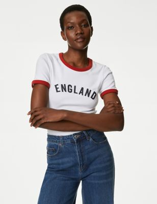 M&S Women's Pure Cotton Football T-Shirt - 16 - Red Mix, Red Mix,Navy Mix