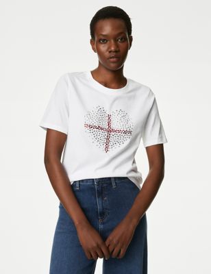 

Womens M&S Collection Pure Cotton Embellished England T-Shirt - White Mix, White Mix