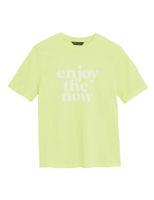 

Womens M&S Collection Pure Cotton Slogan Crew Neck T-Shirt - Yellow Mix, Yellow Mix