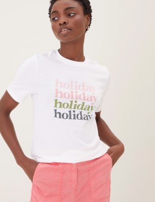 

Womens M&S Collection Pure Cotton Slogan Crew Neck T-Shirt - White Mix, White Mix
