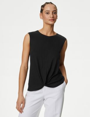M&S Womens Linen Blend Twist Front Vest - 8 - Black, Black,Soft White,Natural Beige