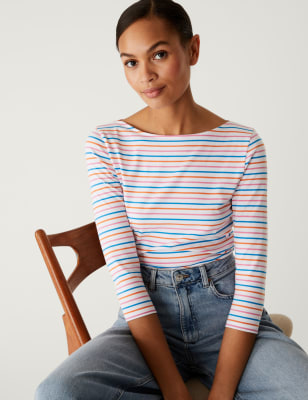 

Womens M&S Collection Cotton Rich Striped Slim Fit T-Shirt - Pink Mix, Pink Mix